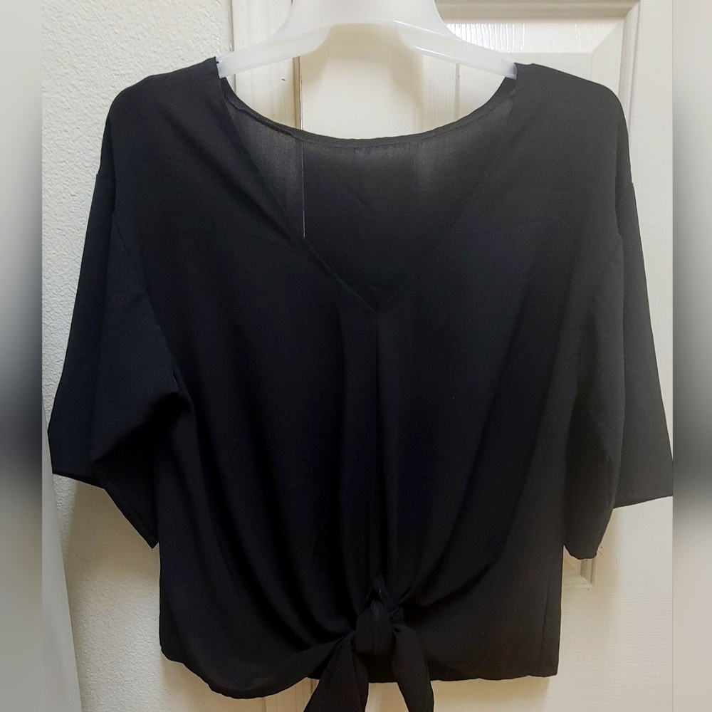 Black tie front blouse